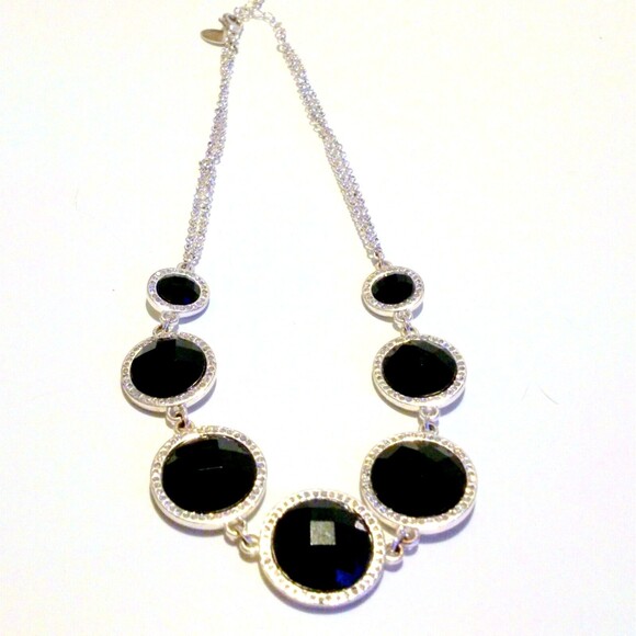 White House Black Market Silver Tone Black Rhinestone Accented Link Necklace - Picture 4 of 6